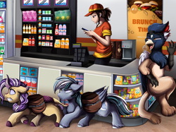 Size: 4261x3187 | Tagged: safe, artist:pridark, oc, oc only, oc:gusty, oc:iron feather, oc:lotus cinder, griffon, human, kirin, pegasus, fanfic:words of power, earbuds, fanfic art, female, gas station, griffon oc, kirin oc, male, mare, pegasus oc, sneaking, stallion