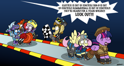 Size: 4396x2348 | Tagged: safe, artist:bobthedalek, fluttershy, starlight glimmer, sunburst, trixie, twilight sparkle, oc, oc:tidmouth milk, alicorn, earth pony, pegasus, pony, unicorn, g4, atg 2023, clothes, costume, crossover, eyes closed, gritted teeth, imminent crash, male, newbie artist training grounds, one of these things is not like the others, open mouth, open smile, roller derby, roller skates, skates, smiling, stallion, starlight express, tail, tail pull, teeth, this will end in pain, this will not end well, twilight sparkle (alicorn)