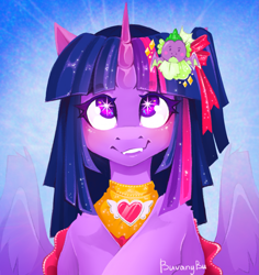 Size: 1867x1974 | Tagged: safe, artist:buvanybu, twilight sparkle, alicorn, pony, g4, ai hoshino, blushing, clothes, cosplay, costume, cute, cute little fangs, fangs, female, hairpin, mare, oshi no ko, parody of a parody, peytral, signature, smiling, solo, spread wings, twi hoshino, twilight sparkle (alicorn), wingding eyes, wings