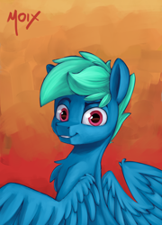 Size: 4000x5549 | Tagged: safe, artist:supermoix, oc, oc only, oc:supermoix, pegasus, pony, chest fluff, cute, digital painting, gradient background, green hair, looking at you, male, pink eyes, solo, spread wings, stallion, wings