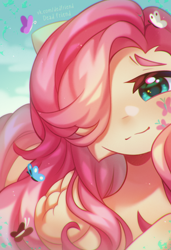 Size: 2572x3768 | Tagged: safe, artist:dedfriend, part of a set, fluttershy, butterfly, pegasus, pony, g4, alternative cutie mark placement, ambiguous facial structure, cheek fluff, cute, facial cutie mark, female, folded wings, hair over one eye, head tilt, high res, looking at you, lying down, mare, prone, shyabetes, sky, smiling, solo, wings