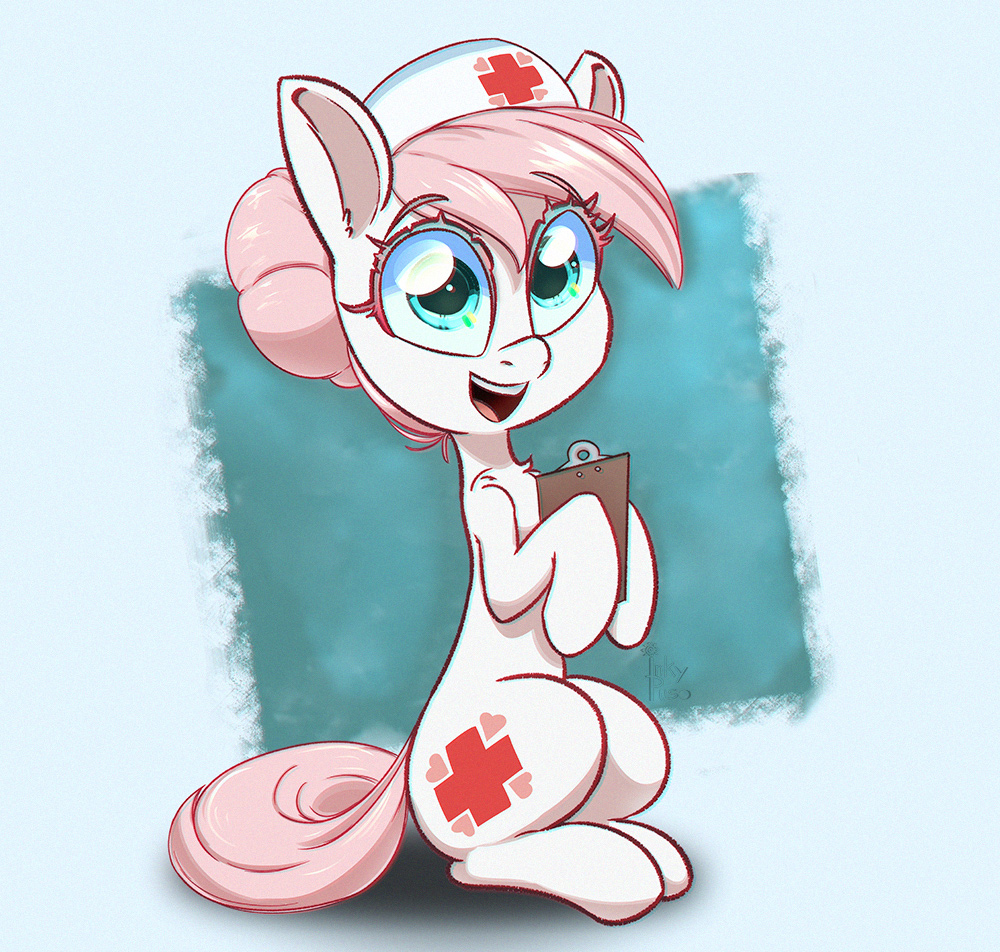 [big eyes,clipboard,earth pony,eyebrows,female,looking at you,mare,nurse redheart,open mouth,pony,safe,simple background,sitting,solo,sitting up,blue background,smiling,hoof hold,smiling at you,shoulder fluff,eyebrows visible through hair,open smile,artist:inkypuso,passepartout]