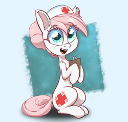 Size: 1000x952 | Tagged: safe, artist:inkypuso, nurse redheart, earth pony, pony, g4, big eyes, blue background, clipboard, cute, eyebrows, eyebrows visible through hair, female, heartabetes, hoof hold, looking at you, mare, open mouth, open smile, passepartout, shoulder fluff, simple background, sitting, sitting up, smiling, smiling at you, solo