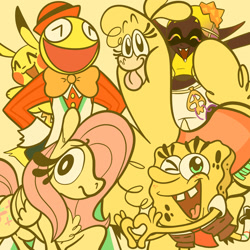 Size: 2048x2048 | Tagged: safe, artist:leafytaffyart, part of a set, fluttershy, paprika (tfh), pegasus, pikachu, pony, them's fightin' herds, g4, candyman, community related, frye, group, high res, lethal league, pokémon, splatoon 3, spongebob squarepants, spongebob squarepants (character), tongue out, yellow