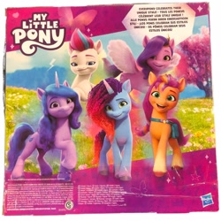 Size: 2048x2048 | Tagged: safe, izzy moonbow, misty brightdawn, pipp petals, sunny starscout, zipp storm, earth pony, pegasus, pony, unicorn, g5, my little pony: make your mark, background pony hitch, bag, bracelet, flying, friendship bracelet, group, hasbro, hasbro logo, high res, horn, jewelry, lidded eyes, logo, looking at you, mane stripe sunny, merchandise, my little pony logo, quintet, raised hoof, rebirth misty, royal sisters (g5), saddle bag, siblings, sisters, smiling, smiling at you, spread wings, tail, unshorn fetlocks, wings