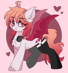 Size: 859x930 | Tagged: safe, artist:cinnamontee, oc, oc only, bat pony, pony, bat pony oc, bat wings, chest fluff, clothes, cute, ear fluff, eye clipping through hair, eyebrows, eyebrows visible through hair, female, garter belt, headphones, heart, looking at you, mare, ocbetes, socks, solo, spread wings, stockings, thigh highs, wings