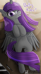Size: 3384x6120 | Tagged: safe, artist:etheria galaxia, oc, oc only, oc:etheria galaxia, alicorn, pony, :p, alicorn oc, bed, belly, cute, ear fluff, female, glasses, horn, looking at you, lying down, mare, on back, on bed, pillow, tail, text, tongue out, watermark, wings