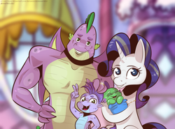 Size: 1881x1395 | Tagged: safe, artist:saturdaymorningproj, rarity, spike, oc, unnamed oc, dracony, dragon, hybrid, pony, unicorn, g4, baby, family, female, gigachad spike, hand on head, interspecies offspring, jewelry, looking at you, male, mare, offspring, older, older rarity, older sparity, older spike, open mouth, open smile, parent:rarity, parent:spike, parents:sparity, peace sign, posing for photo, ring, ship:sparity, shipping, smiling, smiling at you, straight, wedding ring, winged spike, wings
