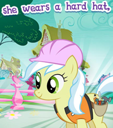 Size: 550x621 | Tagged: safe, gameloft, ambrosia, cindy block, earth pony, pony, g4, my little pony: magic princess, captain obvious, clothes, cropped, english, female, hard hat, hat, mare, meme, solo, text, vest, wow! glimmer, you don't say