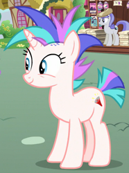Size: 372x500 | Tagged: safe, screencap, megaphone (g4), snappy scoop, earth pony, pony, unicorn, g4, it isn't the mane thing about you, background pony, cropped, female, hat, horn, mare, mohawk, mohawks for everypony, newspaper, newsstand, outdoors, ponyville, short tail, smiling, solo focus, tail