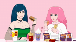 Size: 1920x1080 | Tagged: safe, artist:mixermike622, queen chrysalis, oc, oc:chrystina, oc:fluffle puff, human, g4, animated, boob freckles, breasts, burger, busty queen chrysalis, canon x oc, cheeseburger, chest freckles, chicken meat, chicken nugget, cleavage, drink, drinking, duo, eating, female, floof'n'friends, food, forest, freckles, french fries, fun cave, glowing, glowing eyes, grimace shake, hamburger, humanized, lesbian, mcdonald's, meat, meme, milkshake, pillow, pillow fort, quiet, ship:chrysipuff, shipping, sound, webm