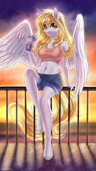 Size: 1700x3022 | Tagged: safe, artist:hakaina, oc, oc:kirarane, oc:star nai, anthro, bra, breasts, cleavage, clothes, drink, female, fence, glare, looking at you, solo, underwear