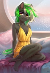 Size: 2000x2900 | Tagged: safe, artist:hakaina, anthro, absolute cleavage, bed, blanket, breasts, cleavage, clothes, feet, female, high res, indoors, legs, looking at you, pillow, reasonably sized breasts, signature, smiling, smiling at you, solo, window