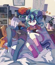Size: 4223x5000 | Tagged: safe, artist:saxopi, sonata dusk, oc, oc:smoothie, earth pony, pony, semi-anthro, comic:we will be adored, g4, arm hooves, bed, bedroom, book, bookshelf, canon x oc, cuddling, equestria girls ponified, hoof heart, nintendo switch, pillow, ponified, smoonata, underhoof, video game, wholesome
