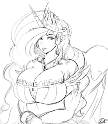 Size: 2033x2337 | Tagged: safe, artist:thelunarmoon, princess celestia, human, g4, bare shoulders, big breasts, black and white, breasts, busty princess celestia, cleavage, clothes, dress, elf ears, female, grayscale, high res, horn, horned humanization, huge breasts, humanized, lipstick, monochrome, simple background, smiling, solo, white background, winged humanization, wings