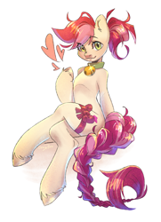 Size: 2048x2834 | Tagged: safe, alternate version, artist:draco zero, roseluck, earth pony, pony, semi-anthro, g4, alternate hairstyle, arm hooves, bell, bell collar, braid, braided tail, collar, commission, commissioner:doom9454, crossed legs, cute, high res, pony pet, ponytail, ribbon, rosepet, simple background, sitting, solo, tail, white background