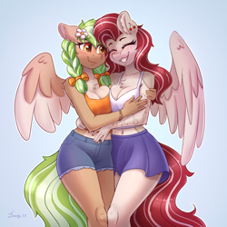 Size: 3508x3508 | Tagged: safe, artist:dandy, oc, oc only, oc:cherry heart, oc:sylvia evergreen, pegasus, anthro, accessory, belly button, blushing, braid, braided pigtails, breast squish, breasts, chest fluff, cleavage, clothes, denim, denim shorts, duo, ear fluff, eyebrows, eyebrows visible through hair, eyes closed, flower, flower in hair, hair tie, high res, hug, pegasus oc, pigtails, short shirt, shorts, simple background, skirt, smiling, tank top, twin bows, wings