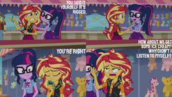 Size: 2000x1125 | Tagged: safe, edit, edited screencap, editor:quoterific, screencap, sandalwood, sci-twi, sunset shimmer, twilight sparkle, human, equestria girls, equestria girls specials, g4, my little pony equestria girls: better together, my little pony equestria girls: rollercoaster of friendship