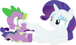 Size: 3564x2131 | Tagged: safe, artist:porygon2z, rarity, spike, dragon, pony, unicorn, g4, bedroom eyes, cute, duo, featureless crotch, female, fetish, high res, hoof fetish, hoof on face, male, mare, ship:sparity, shipping, simple background, smiling, spikabetes, straight, transparent background, vector