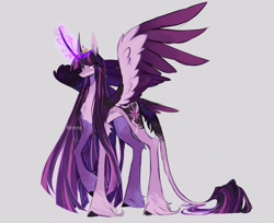 Size: 3888x3177 | Tagged: safe, artist:iheyyasyfox, twilight sparkle, alicorn, classical unicorn, pony, unicorn, g4, concave belly, curved horn, ethereal wings, female, glowing, glowing horn, gray background, high res, horn, leonine tail, long legs, long mane, long tail, mare, new crown, pale belly, partially open wings, raised hoof, signature, simple background, slender, solo, starry eyes, starry wings, tail, tail feathers, tall, thin, twilight sparkle (alicorn), ultimate twilight, unshorn fetlocks, wingding eyes, wings
