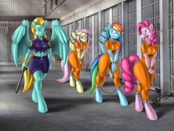 Size: 3200x2400 | Tagged: safe, artist:taka_studio, fluttershy, lightning dust, pinkie pie, rainbow dash, anthro, unguligrade anthro, g4, belly button, bound wings, chained, chains, clothes, cuffs, front knot midriff, group, high res, jail, jumpsuit, midriff, never doubt rainbowdash69's involvement, officer ld, prison, prison outfit, prisoner, prisoner ft, prisoner pp, prisoner rd, quartet, shackles, varying degrees of want, wings