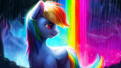 Size: 1920x1080 | Tagged: safe, artist:camyllea, rainbow dash, pegasus, pony, g4, backlighting, backwards cutie mark, colorful, female, folded wings, lacrimal caruncle, looking away, mare, profile, rain, rainbow, scenery, smiling, solo, turned head, wallpaper, wings