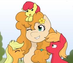 Size: 3145x2744 | Tagged: safe, artist:cyanrobo, apple bloom, applejack, big macintosh, pear butter, earth pony, pony, g4, adorabloom, apple family, baby, baby apple bloom, baby pony, colt, colt big macintosh, cute, eyes closed, female, filly, filly applejack, foal, freckles, grin, high res, male, mare, mother's day, one eye closed, smiling, younger