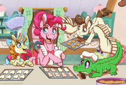 Size: 1800x1206 | Tagged: safe, artist:inuhoshi-to-darkpen, gummy, pinkie pie, pound cake, pumpkin cake, alligator, earth pony, pegasus, pony, unicorn, g4, apron, bow, bowl, clothes, colt, cookie, female, filly, flying, foal, food, frosting, hair bow, icing bag, levitation, magic, magic aura, male, mare, mouth hold, older, older pound cake, older pumpkin cake, smiling, spoon, sugarcube corner, telekinesis