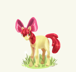 Size: 1000x950 | Tagged: safe, artist:goanna, apple bloom, earth pony, pony, g4, bow, female, filly, foal, grass, hair bow, signature, simple background, solo, white background
