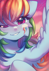 Size: 2572x3768 | Tagged: safe, artist:dedfriend, part of a set, rainbow dash, pegasus, pony, g4, alternative cutie mark placement, cheek fluff, high res, looking at you, one eye closed, signature, smiling, solo, wink