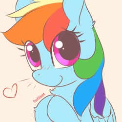 Size: 1080x1080 | Tagged: safe, artist:twiliset, rainbow dash, pegasus, pony, g4, big eyes, cute, cute face, heart, hooves, looking at you, simple background, smiling, smiling at you, solo