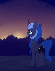 Size: 1620x2070 | Tagged: safe, artist:dusthiel, princess luna, pony, g4, atg 2023, female, folded wings, horn, mare, newbie artist training grounds, solo, sunrise, wings
