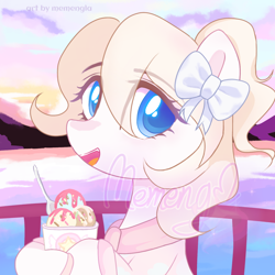 Size: 1280x1280 | Tagged: safe, artist:memengla, oc, earth pony, pony, blue eyes, bow, commission, cup, food, ice cream, spoon, white bow, white coat