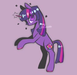 Size: 2048x2004 | Tagged: source needed, safe, artist:ombnom, twilight sparkle, pony, unicorn, g4, high res, purple background, side view, simple background, smiling, solo, standing on two hooves, unicorn twilight