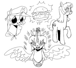 Size: 1024x906 | Tagged: source needed, safe, artist:ombnom, oc, oc only, oc:burger mare, alicorn, pony, unicorn, alicorn oc, burger, food, horn, looking at you, magic, monochrome, open mouth, simple background, sketch, smiling, solo, spread wings, white background, wings