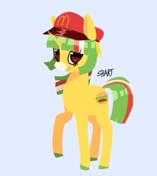 Size: 1830x2048 | Tagged: source needed, safe, artist:ombnom, oc, oc only, oc:burger mare, pony, unicorn, blue background, hat, simple background, smiling, solo