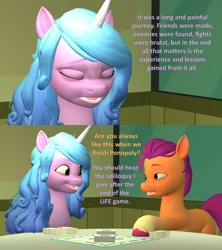 Size: 1920x2160 | Tagged: safe, artist:red4567, izzy moonbow, sunny starscout, earth pony, pony, unicorn, g5, 3d, atg 2023, coat markings, dialogue, duo, female, mare, monopoly, newbie artist training grounds, open mouth, open smile, smiling, socks (coat markings), source filmmaker, unamused, unshorn fetlocks