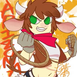 Size: 1001x1001 | Tagged: safe, artist:fine_hamachi, part of a set, arizona (tfh), human, them's fightin' herds, belly button, community related, eared humanization, female, grin, horn, horned humanization, humanized, lasso, midriff, neckerchief, no pupils, rope, smiling, solo