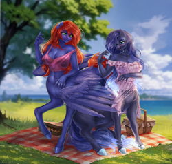 Size: 2100x2000 | Tagged: safe, artist:alicesmitt31, oc, oc only, oc:mystic shadow, oc:night coder, centaur, pegasus, unicorn, anthro, taur, basket, belly button, breasts, cleavage, clothes, duo, female, food, high res, horn, outdoors, picnic, picnic basket, picnic blanket, pizza, scenery, species swap, surprised, torn clothes, tree, water, wings