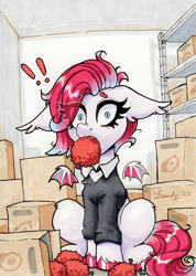 Size: 1474x2069 | Tagged: safe, artist:dandy, oc, oc only, oc:litchi, bat pony, pony, artfight, bat pony oc, bat wings, boxes, clothes, copic, exclamation point, eye clipping through hair, eyebrows, eyebrows visible through hair, fangs, female, floating wings, floppy ears, fruit, name tag, solo, storage, surprised, traditional art, uniform, unshorn fetlocks, wings