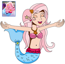 Size: 963x940 | Tagged: safe, artist:ocean lover, pinkie pie (g3), human, mermaid, merpony, seapony (g4), g3, g3.5, arms in the air, belly, belly button, bra, cute, excited, fins, fish tail, g3betes, happy, human coloration, humanized, light skin, long hair, mermaid tail, mermaidized, open mouth, open smile, picture-in-picture, pink hair, reference used, seaponified, seapony pinkie pie, seashell, seashell bra, seashell necklace, simple background, smiling, species swap, tail, tail fin, white background