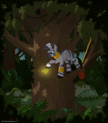 Size: 1535x1749 | Tagged: safe, artist:eriada, zecora, zebra, g4, basket, ear piercing, earring, everfree forest, female, forest, glowing mushroom, in a tree, jewelry, looking at something, looking down, mare, mushroom, neck rings, outdoors, picking, piercing, shelf mushroom, signature, solo, staff, standing, tree
