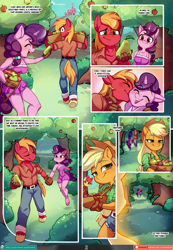 Size: 1555x2250 | Tagged: safe, artist:chocokangoo, artist:lummh, artist:tomi_ouo, apple bloom, applejack, big macintosh, sugar belle, earth pony, unicorn, anthro, unguligrade anthro, comic:lovely pear, g4, breasts, cheek kiss, commissioner:dualreason, echoes, female, food, group, kissing, looking at each other, looking at someone, male, pear, playful, ship:sugarmac, shipping, smiling, smiling at each other, straight