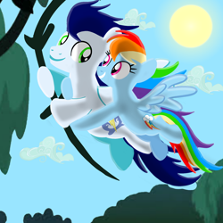 Size: 1400x1400 | Tagged: safe, artist:mlplary6, rainbow dash, soarin', pegasus, pony, g4, boyfriend and girlfriend, cloud, female, looking at each other, looking at someone, male, mare, ship:soarindash, shipping, sky, smiling, smiling at each other, stallion, straight, sun, tree, vine