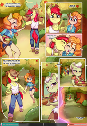 Size: 1555x2250 | Tagged: safe, alternate character, alternate version, artist:chocokangoo, artist:lummh, artist:tomi_ouo, bright mac, granny smith, pear butter, earth pony, anthro, unguligrade anthro, comic:lovely pear, g4, apple, breasts, cheek kiss, comic, commissioner:dualreason, echoes, female, food, group, kissing, looking at each other, looking at someone, male, pear, playful, ship:brightbutter, shipping, smiling, smiling at each other, straight, young granny smith, younger