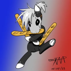 Size: 1023x1037 | Tagged: safe, artist:anonixar, oc, oc only, oc:tempus flâneur, earth pony, pony, anime reference, baguette, bread, food, french flag, gradient background, gray coat, gray eyes, mask, solo
