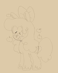 Size: 1511x1888 | Tagged: source needed, safe, artist:ombnom, apple bloom, earth pony, pony, g4, bow, cute, hair bow, monochrome, open mouth, sketch, smiling, solo, unshorn fetlocks