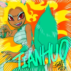 Size: 1000x1000 | Tagged: safe, artist:fine_hamachi, part of a set, tianhuo (tfh), human, them's fightin' herds, action pose, breasts, community related, dark skin, eared humanization, female, fighting stance, fire, humanized, looking at you, open mouth, slit pupils, solo