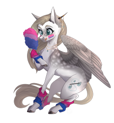 Size: 2020x2180 | Tagged: safe, artist:paliona, oc, oc only, pegasus, pony, :p, base used, bisexual pride flag, blue eyes, body freckles, clothes, coat markings, cotton candy, cute, dappled, face paint, female, freckles, high res, horn, horn jewelry, horns, jewelry, leg warmers, licking, licking lips, looking at something, mare, necklace, ocbetes, partially open wings, ponysona, pride, pride flag, simple background, solo, striped leg warmers, teal eyes, tongue out, transparent background, wings