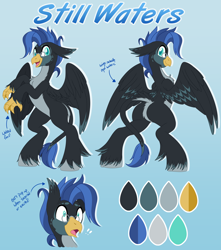 Size: 4784x5418 | Tagged: safe, artist:pearlyiridescence, oc, oc only, oc:still waters, hippogriff, cormorant, glasses, gradient background, hippogriff oc, leonine tail, male, rearing, reference sheet, solo, tail, talons, unshorn fetlocks